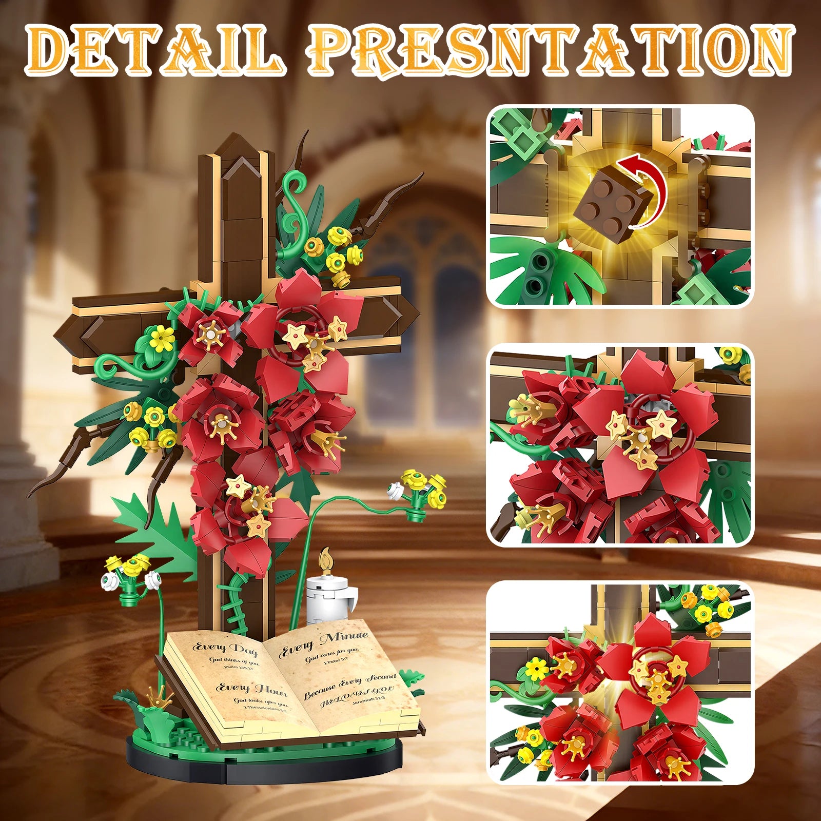 Jesus Flowers Cross Building Blocks Set, LED Religious Decor, Lego-Compatible Christian Catholic Gift for Easter, Kids & Adults