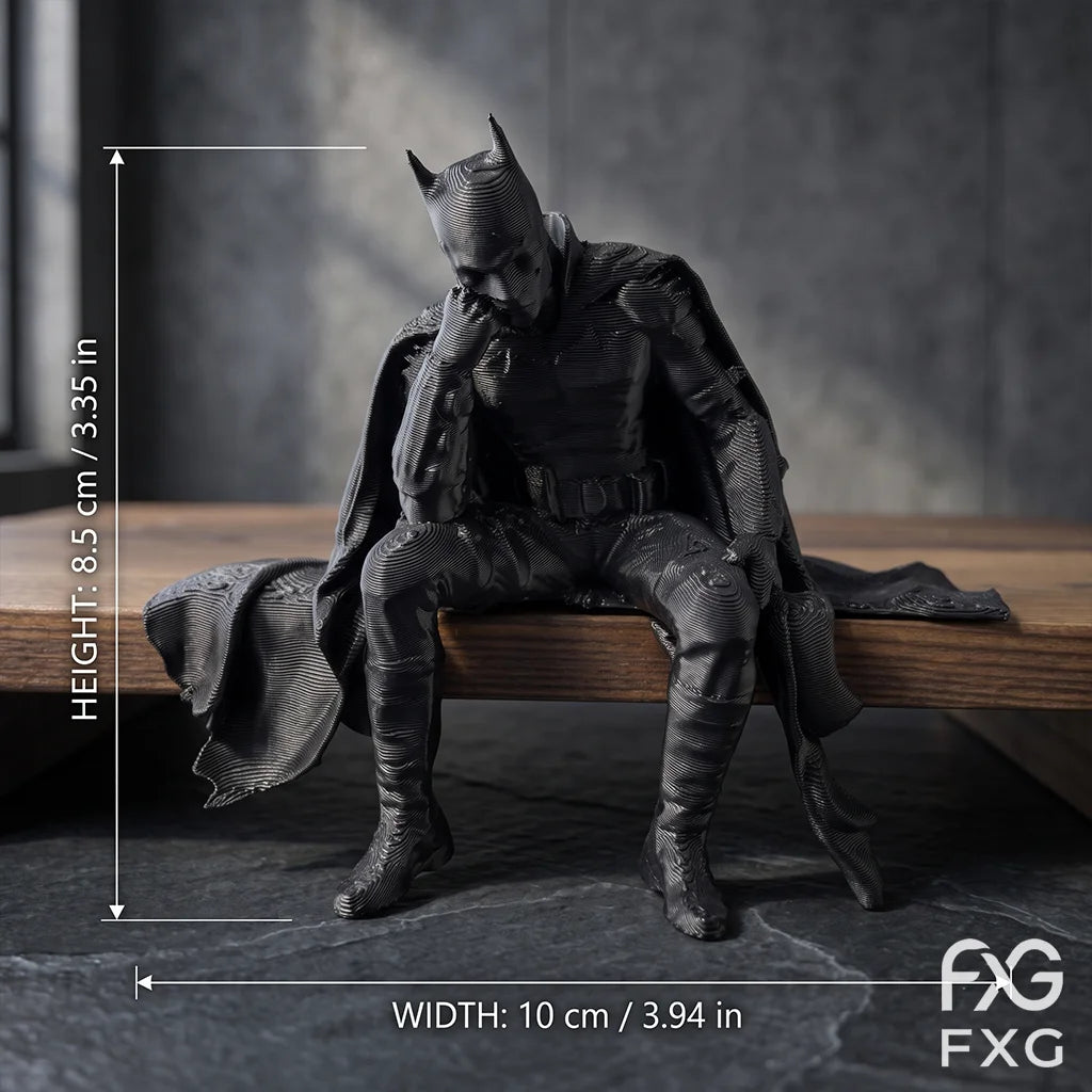 Gotham Silent Thinker Figurine, 2 Styles Realistic & Chibi Cloaked Warrior Edge Sitter, Refined 3D Printed Desktop Ornament, Dar