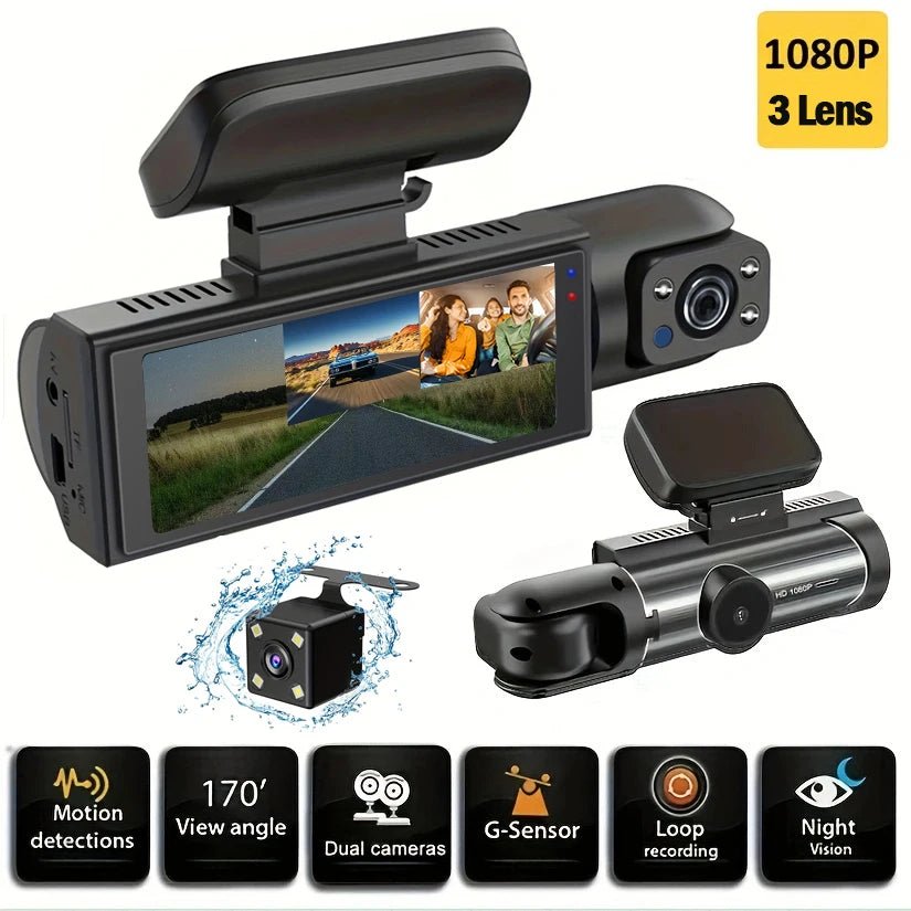 Dash Cam for cars 1080P 3-Lens car camera Night Vision Loop Recording wide angle Car DVR Came Front And Inside Car Dash Recorder
