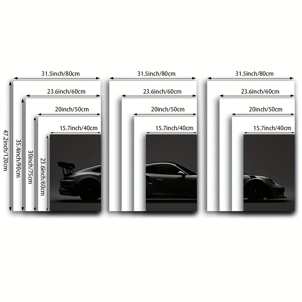 Frameless[3pcs Black Sports Car Art] 3pcs High-Quality Frameless Canvas Wall Art - Black Sports Car in Dark Monochromatic Tripty