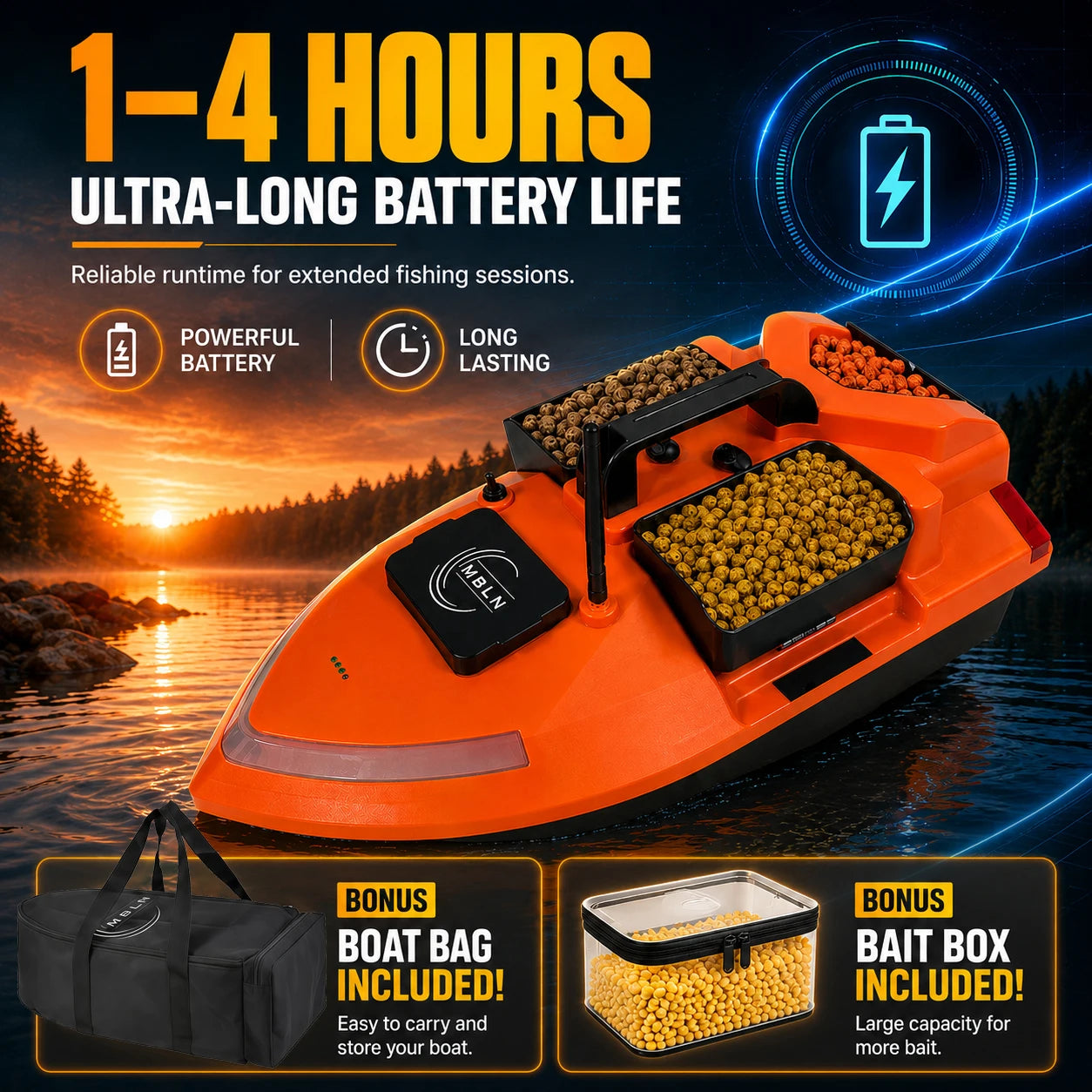 GPS RC Bait Boat with 40 GPS Points, Smart Return, Long Battery Life, 2KG Load, Free Boat Bag & Bait Box