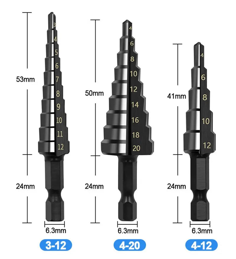 3Pcs  Straight Groove Step Drill Bit 3-12mm 4-12mm 4-20mm