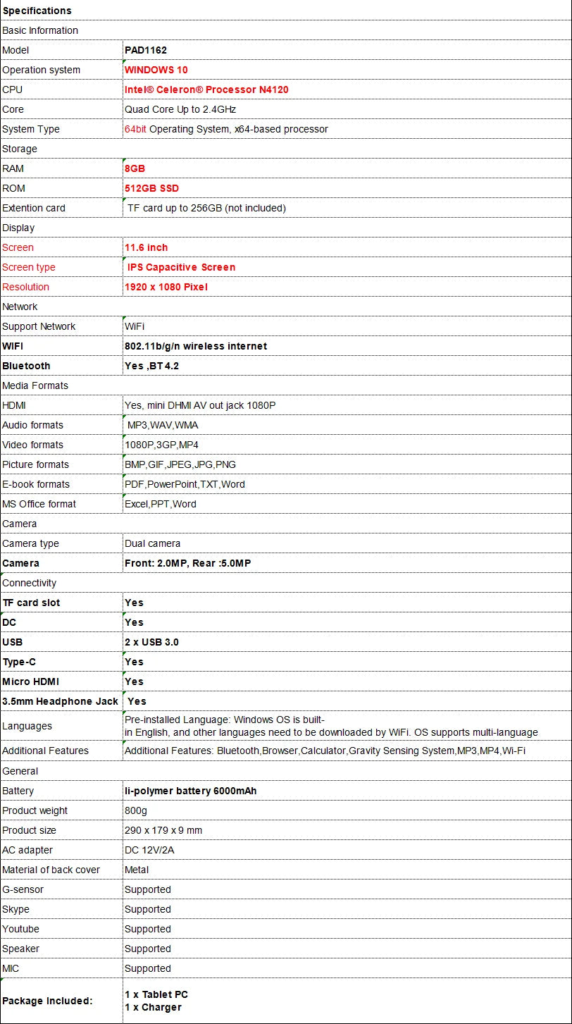 10.1 INCH 4GB RAM 64GB ROM Windows 11 Tablet PC N3350 64bit 1920 x 1200 IPS  Dual Camera DC USB 3.0 Type-C Micro HDMI-Compatible