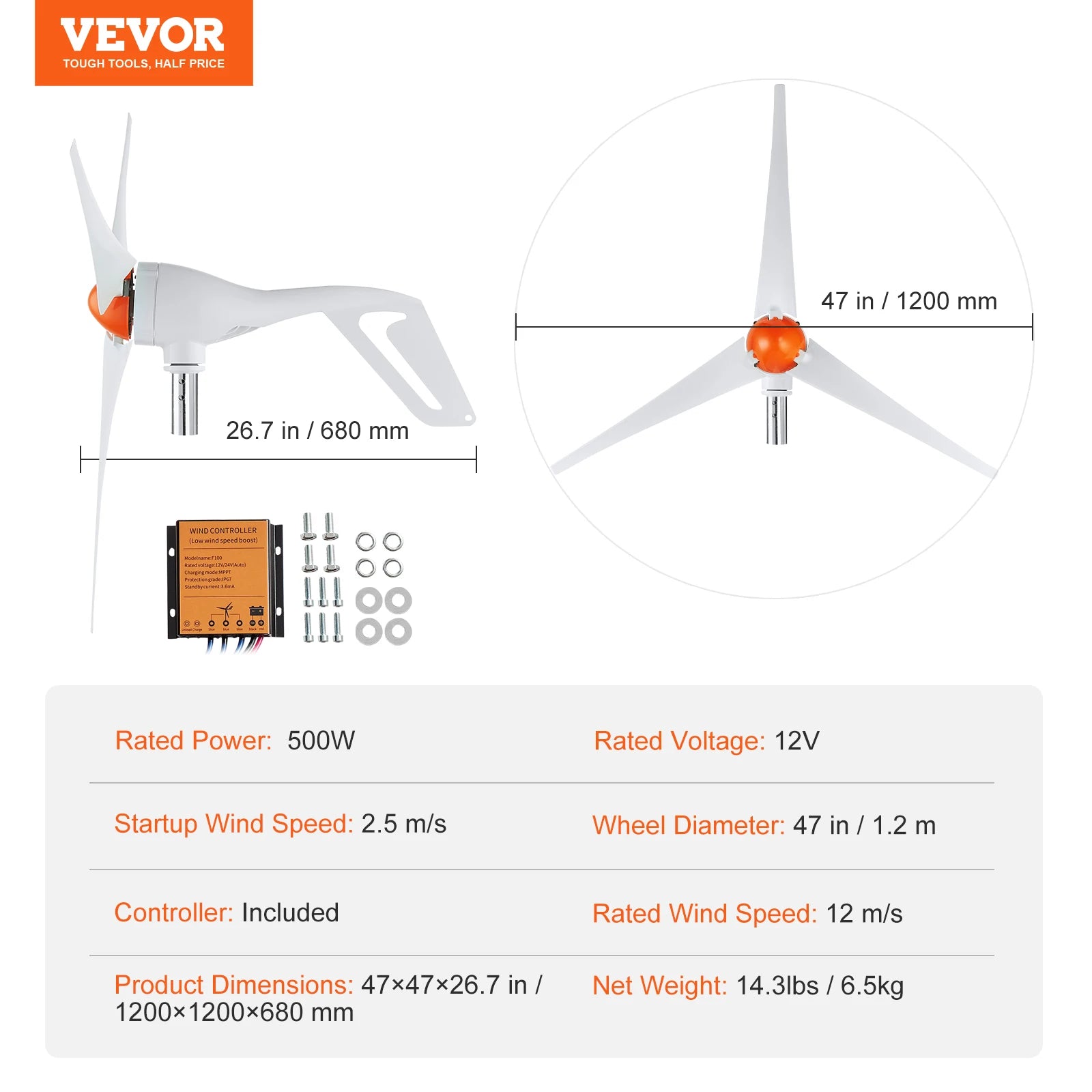 SucceBuy Wind Turbine Generator 12V 500W/800W Wind Turbine Kit Wind Power Generator with MPPT Controller Suitable for Home Farm
