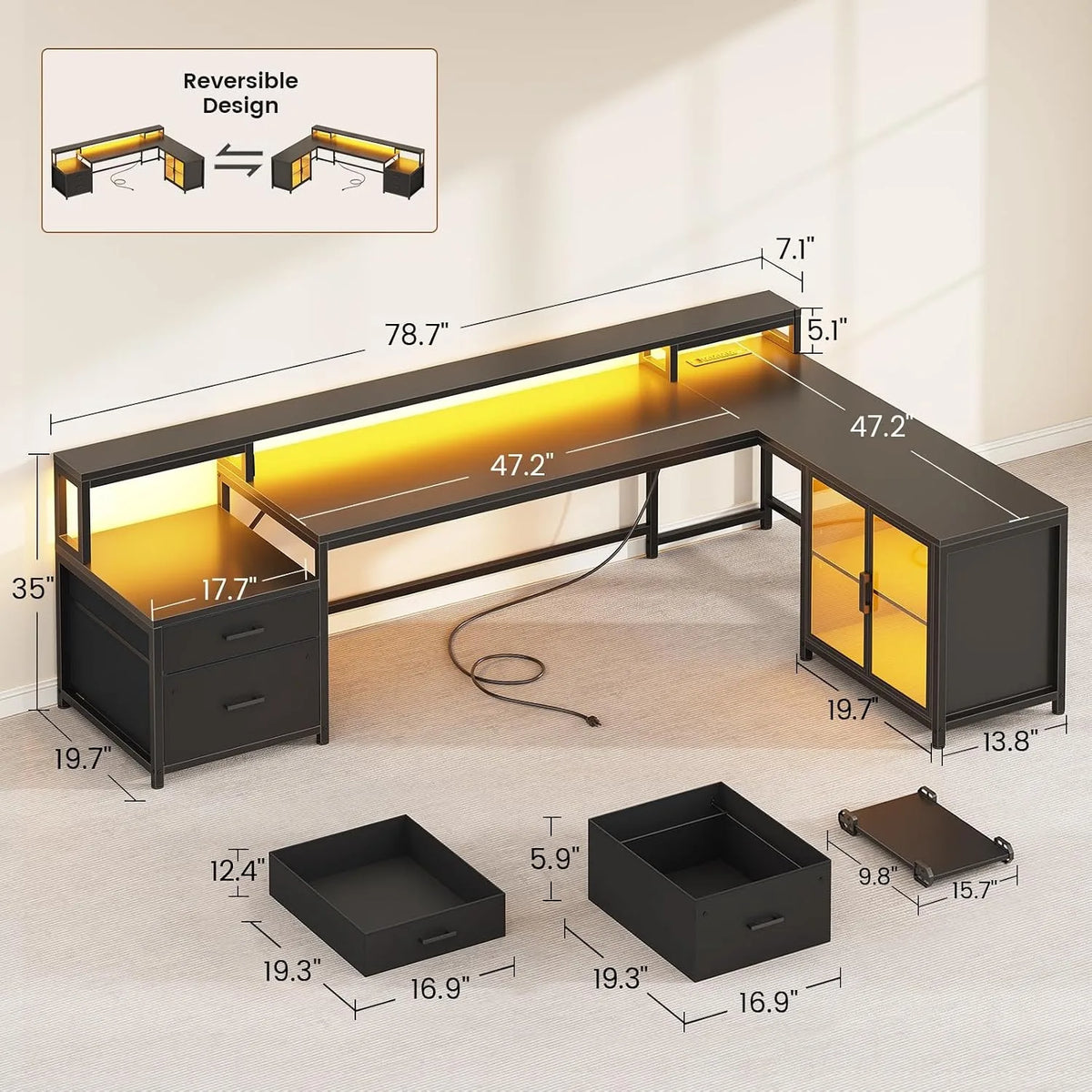 78.7" Large L Shaped Corner Gaming Computer Desk,Drawers,Power Outlet & LED Lights, Customized