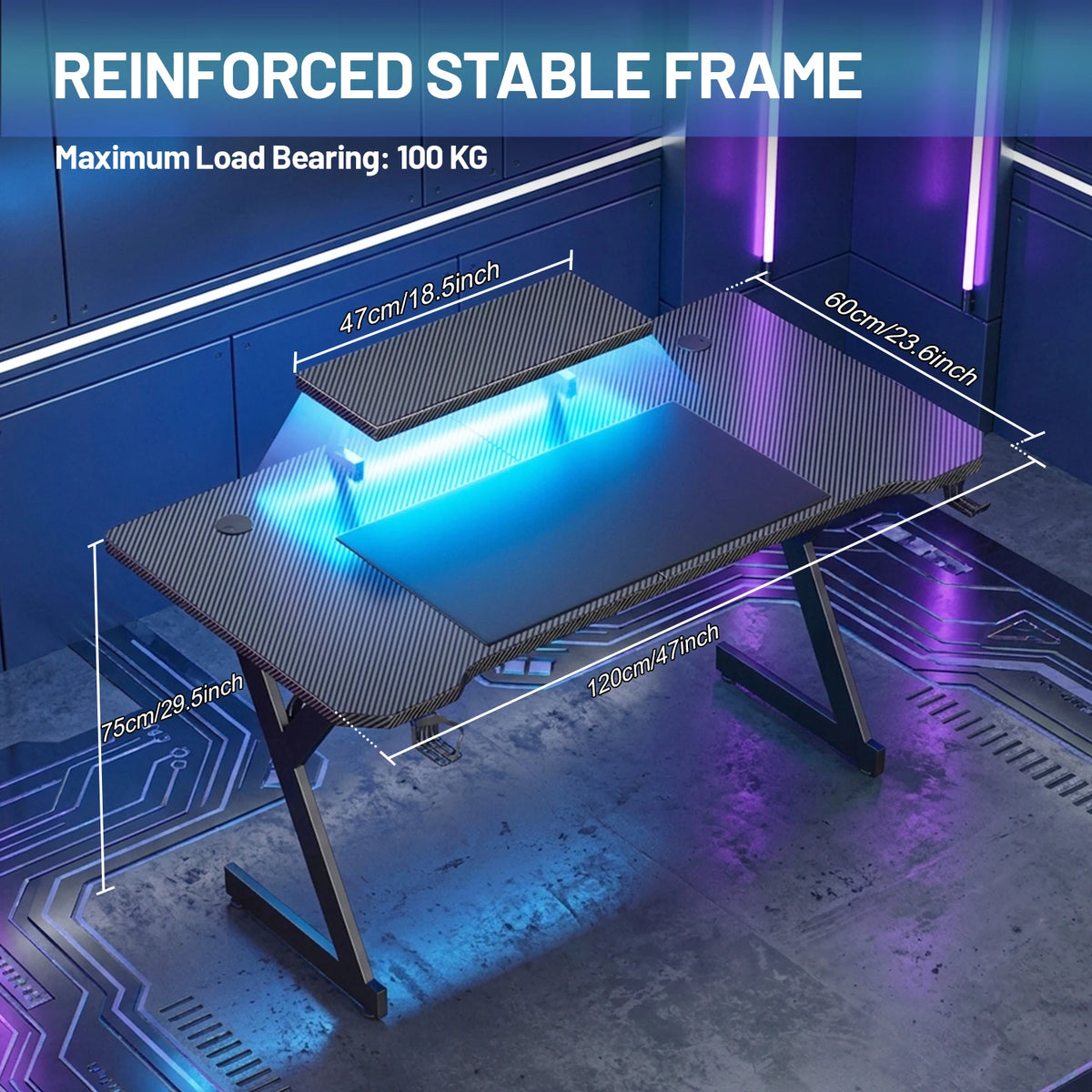 NEBMAAX Gaming Desk with LED Lights, Ergonomic Monitor Stand & Cup Holder, Large Computer Desk with Headphone Hook for Home Office, Black