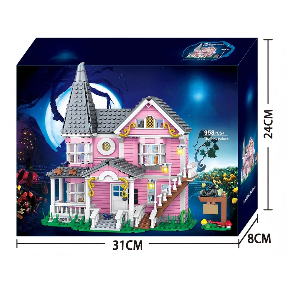 958pcs City Street View Series Pink Castle Apartments Model Building Blocks MOC Kitten Windmill Bricks Creative Toys Girls Gifts