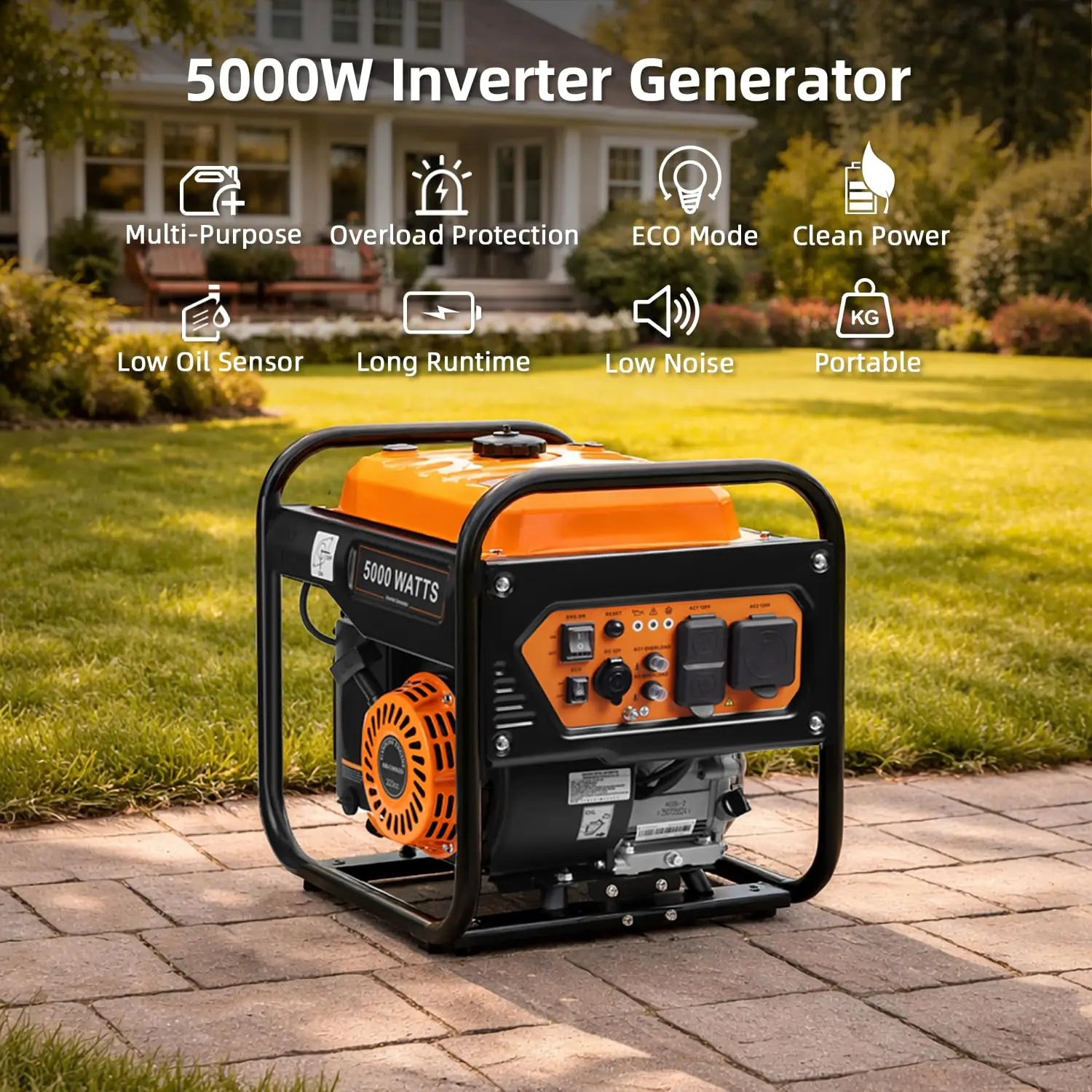 5000-Watts Portable Inverter Generator, Gas Generator for Home Backup, 30A Outlet, RV Ready, ECO Mode, 60Lbs, EPA, Customized