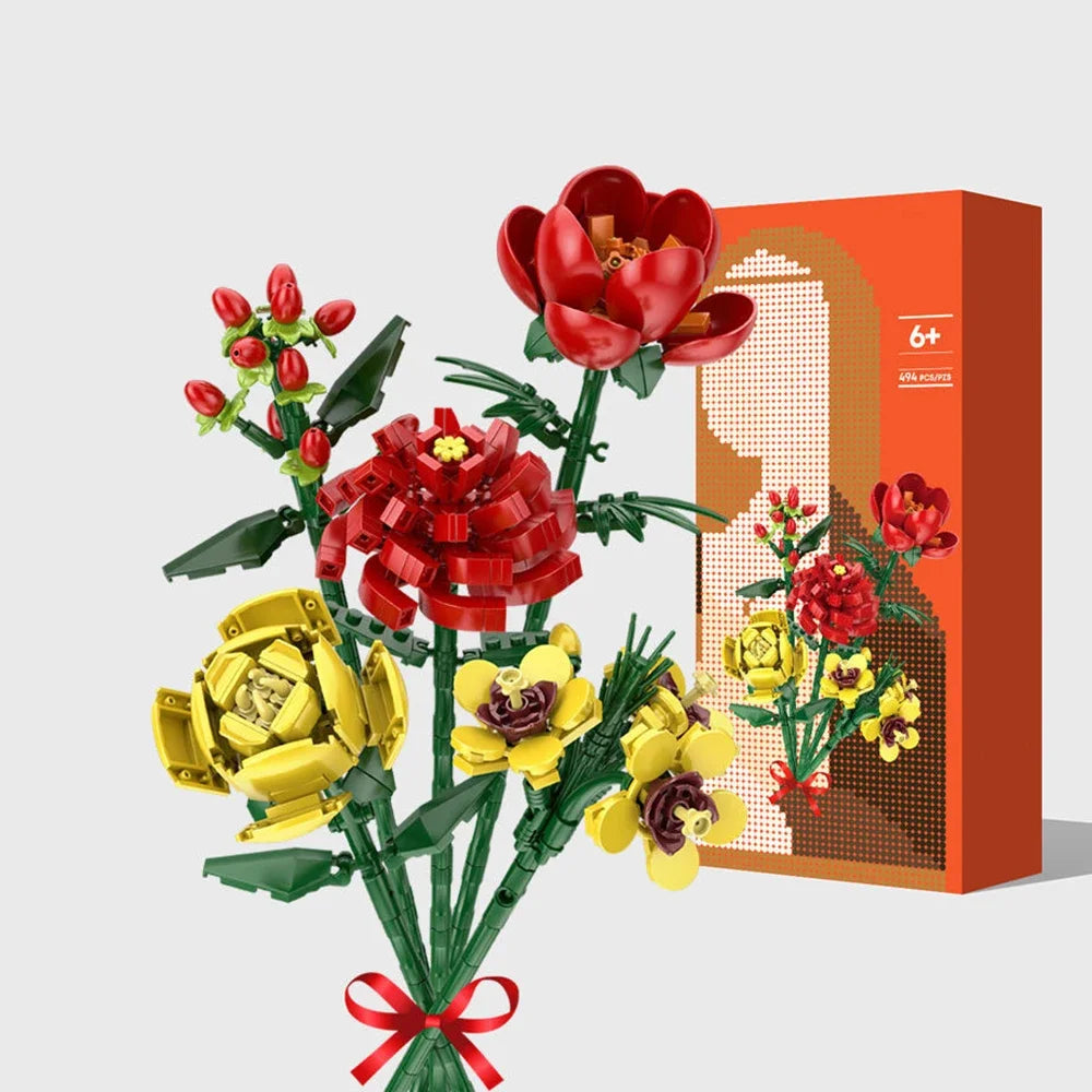 Knew Built Black Rose Flower Building Blocks 3D Model Bouquet Red Yellow Flower Brick Gift Home Decoration Children Toy with Box
