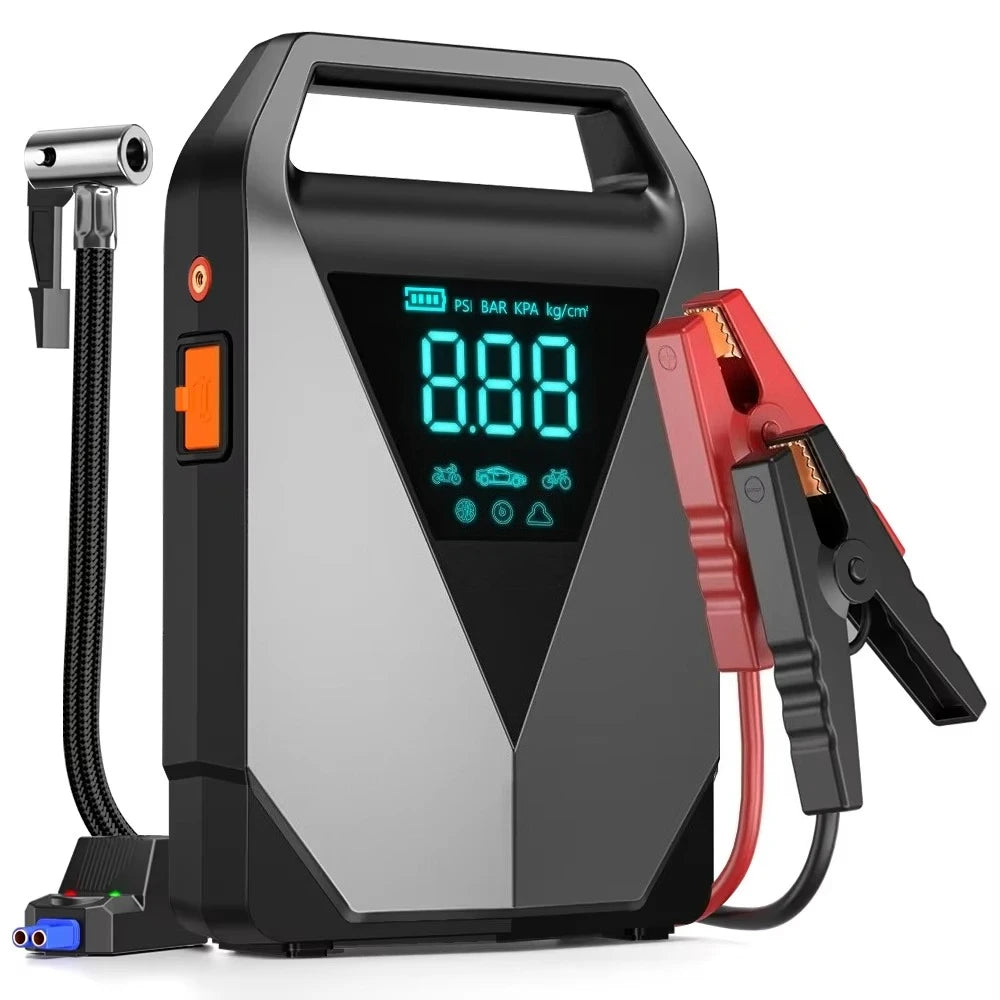 Be prepared on the road with this portable car jump starter and 150PSI air compressor—jump your battery and inflate tires anytime, anywhere!