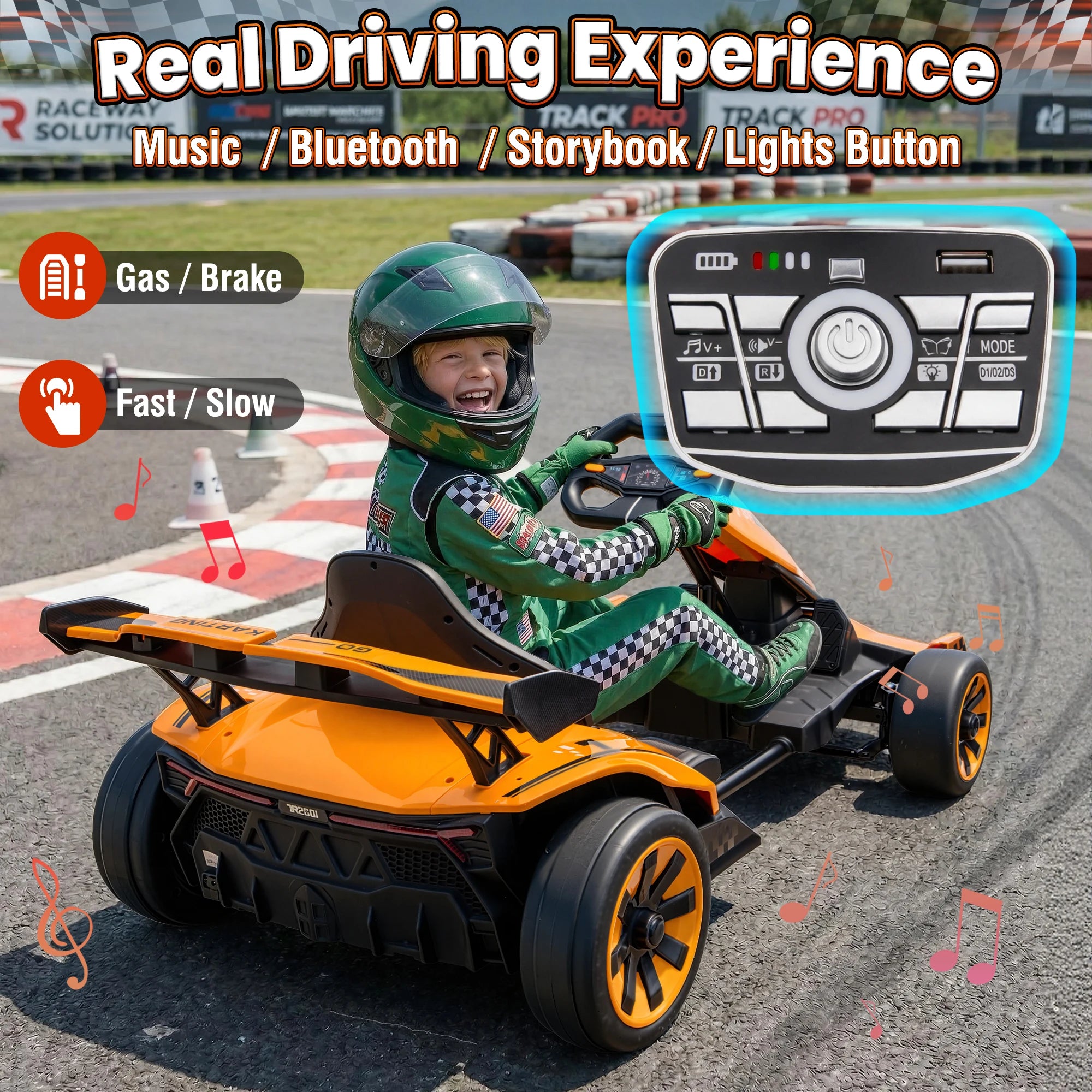 Joyracer 24V Go Kart for Kids 6-12, 2x400W Motors Electric Drift Car with Adjustable Length, 360°Drift Mode, 6.5 MPH High Speed Racing Car, Bluetooth Music