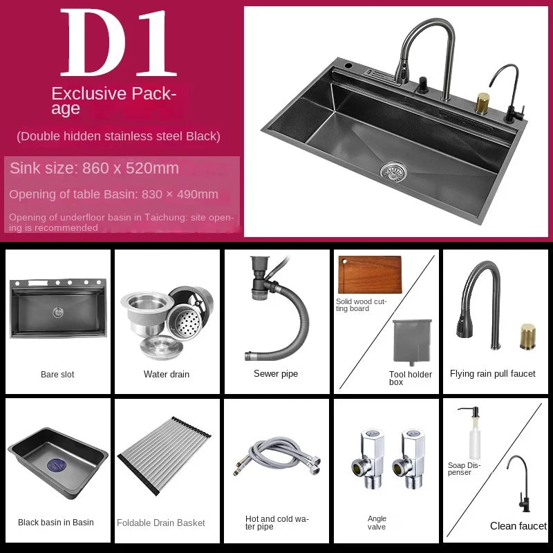 Waterfall Kitchen Sink Nanometer 304 Stainless Steel Large Single Slot Kitchen Accessories Waterfall Faucet Vegetable Basin