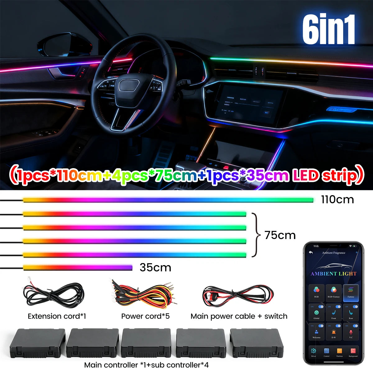 Dreamcolor Acrylic Interior Car LED Strip Light with Wireless APP, RGB 6/10/18 in 1 with 175 inches Fiber Optic Strip Lights for Car, Dynamic Chasing Music Sync Neon Car Ambient Lighting Kits