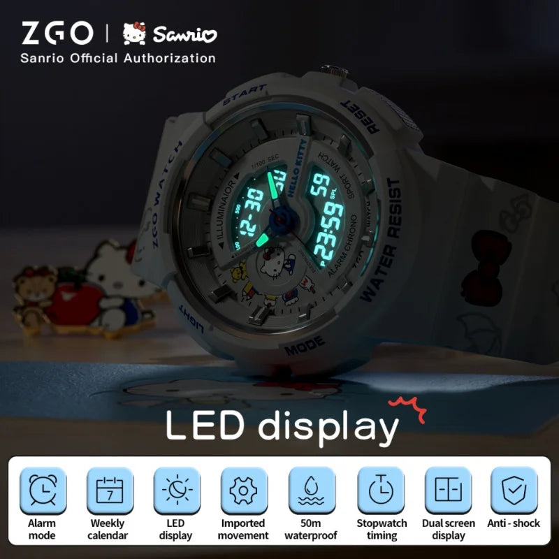 ZGO Sanrio Hello Kitty ladies' digital watch multi-functional dual-display waterproof sports watch for students gift 8573