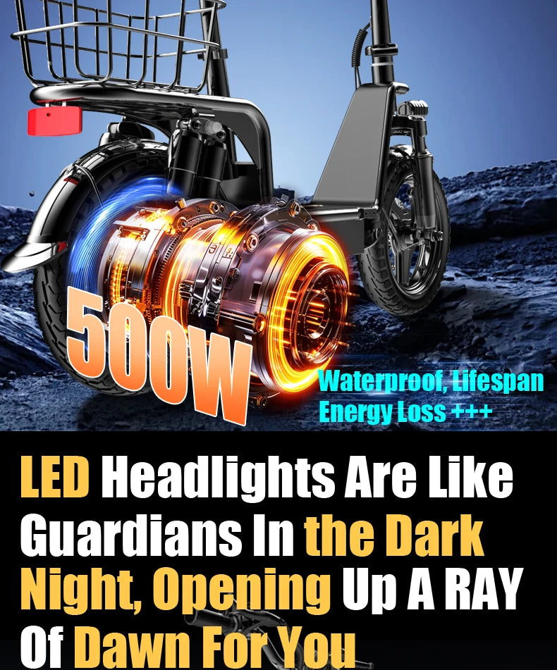 Ride comfortably on this electric scooter with weight-bearing pedals, a powerful 500W motor, and a waterproof lithium battery for a reliable and enjoyable commuting experience.