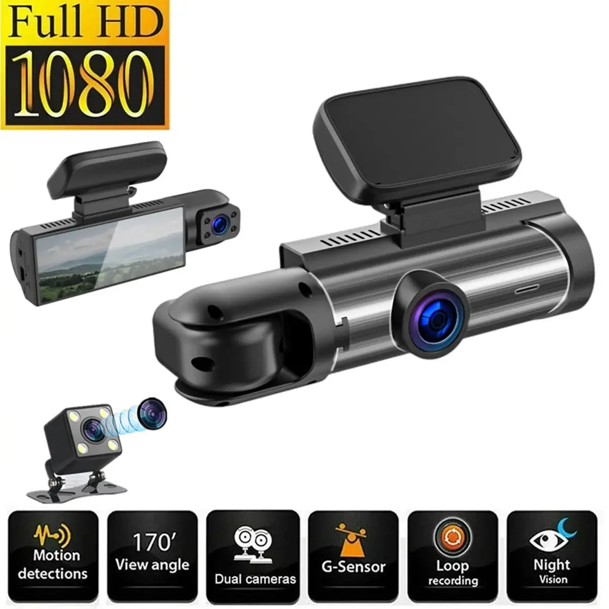 Dash Cam 3.16 Inch 3 Lens Dash Cam, Front Built-in Rear Camera, G Sensor HD Night Vision Wide Angle Car DVR, With 32GB SD Card
