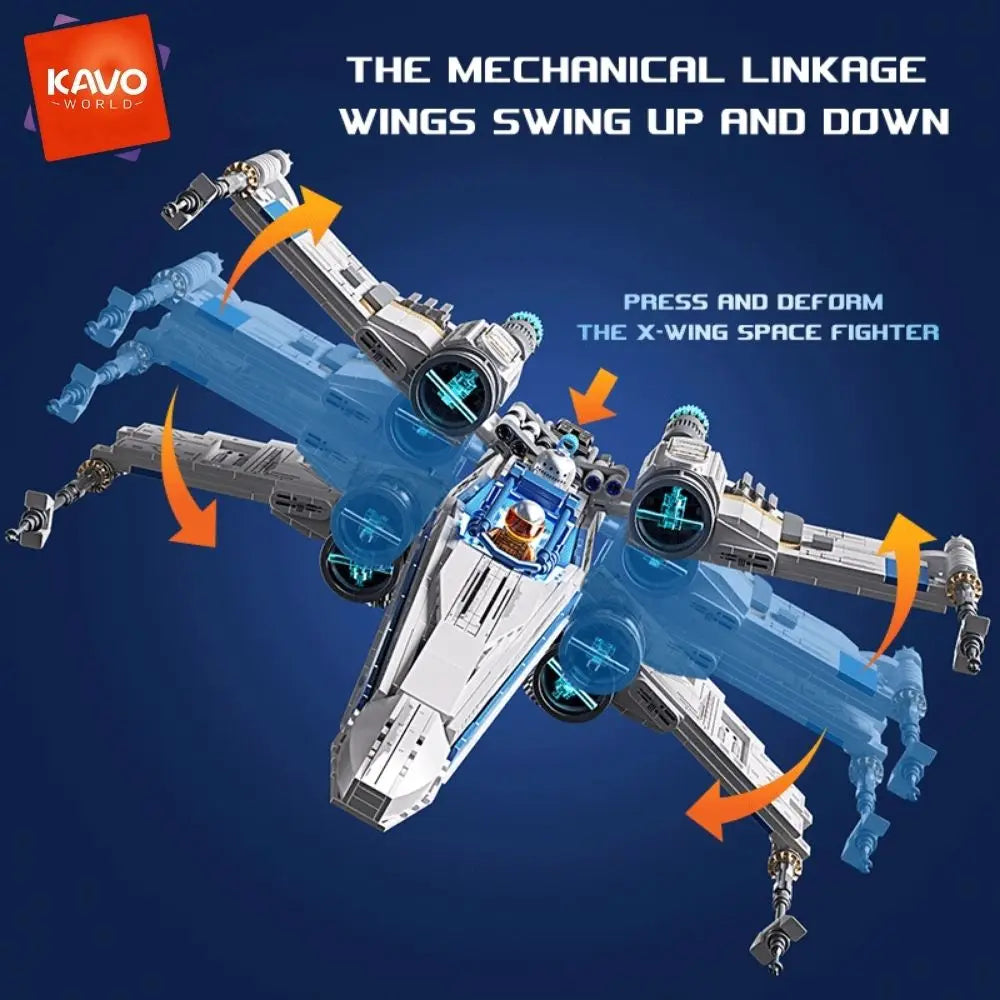 KAVOWORLD 1271pcs X-Wing Space Fighter Building Blocks Set with LED Light Up Mechanical Linkage Transformable Starship Bricks Retractable Landing Gear Display Model Construction Toy Space Vehicle with Pilot Bricks Gift for Ad