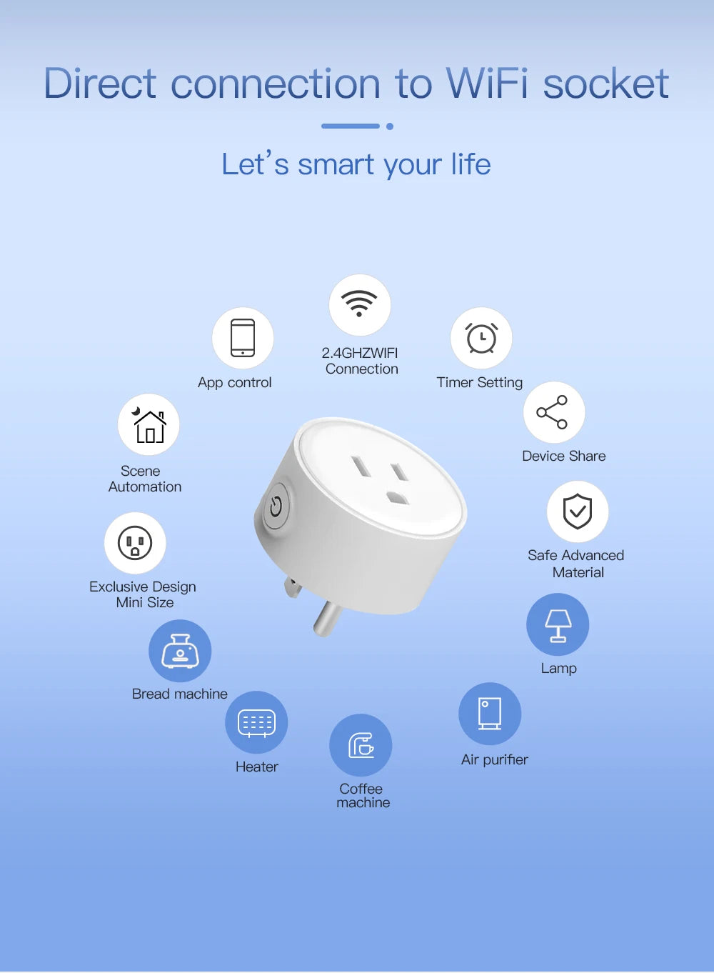 Control your devices hands-free with this WiFi smart plug featuring USA socket compatibility—wireless switch supporting app control, scene linkage, and voice assistants like Alexa and Google Home for smart home convenience!