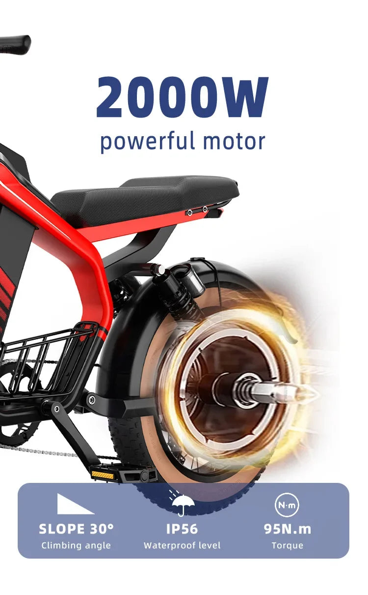 E-Bike 2000W Motor 52V40AH All-terrain Fully Suspended Off-road Motorcycle Electric Bike 20*4.0-inch Fat Tire  Electric Bicycle