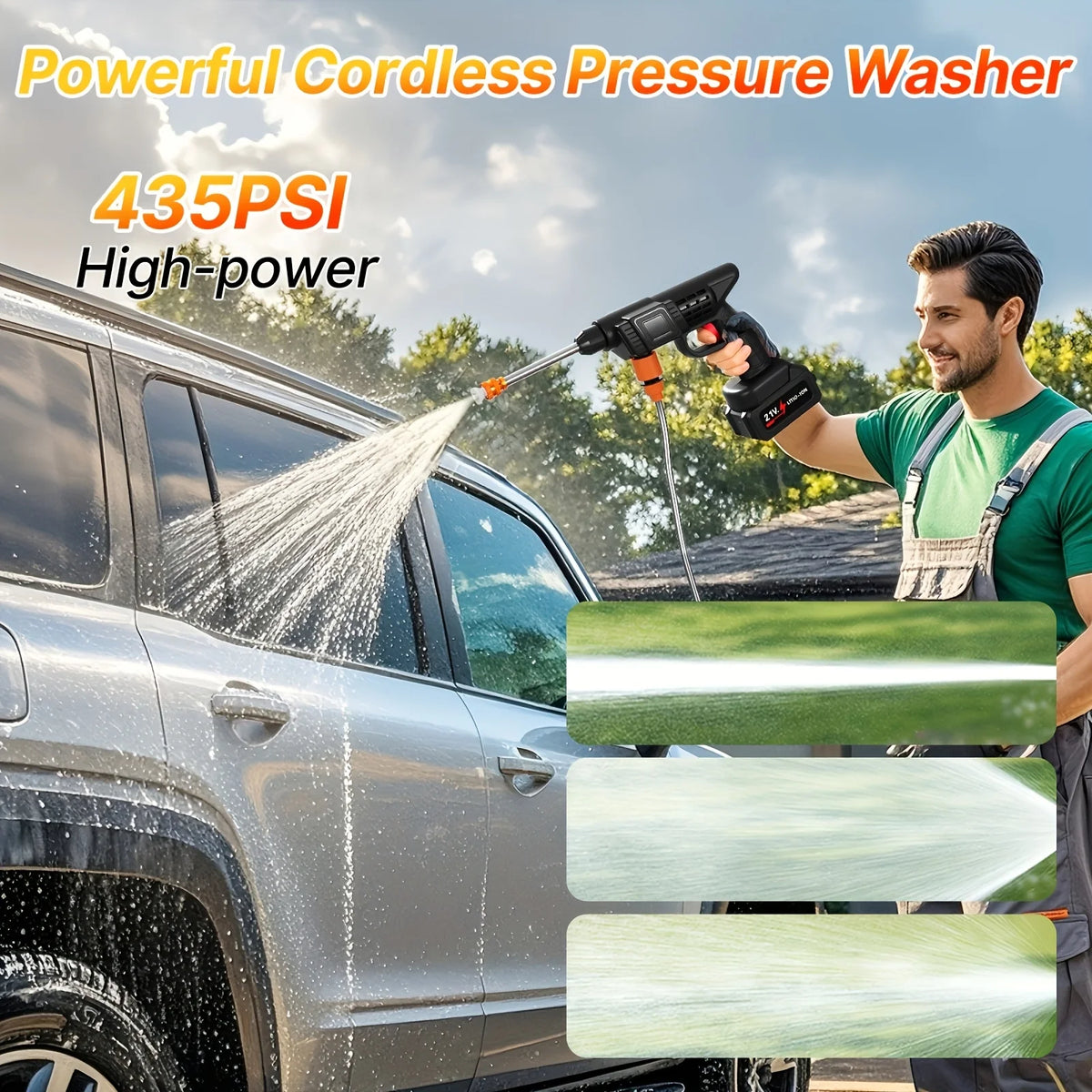 High-pressure Line Cleaning Machine, Rechargeable Battery, Battery-powered, Suitable For Cars, Yards, Driveways, Gardens, Green. Stainless Steel Foam Nozzle, Portable Electric Car Washing Tool.