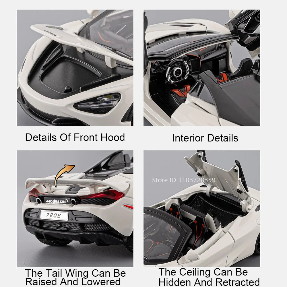 1:32 720S Senna Model Toy Sports Cars Alloy Diecast Sound Light Exquisite Interior Pull Back Supercar Models for Kids Presents