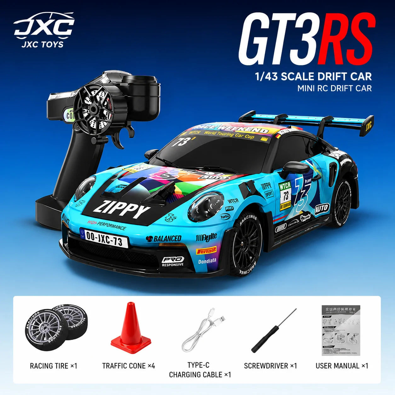 1:43 Scale 4WD RC Drift Car PO4302 2.4GHz Remote Control Racing Car  15KM/H with 8-Color LED Light 30min Play Time Gift Toy for