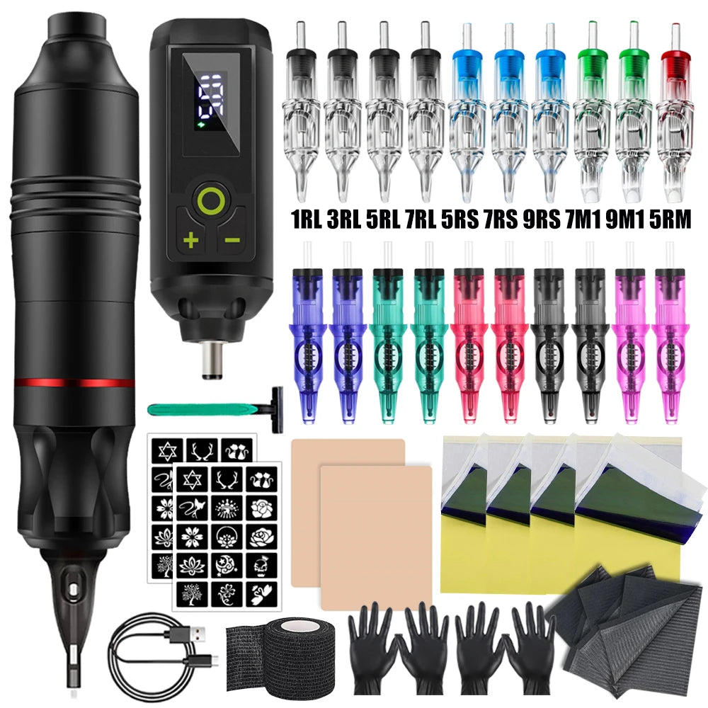 Ballpoint Tattoo Pen Machine Kit Rotary Tattoo Pen Set with Wireless Tattoo Transfer Stencil Printer Power Supply Needles
