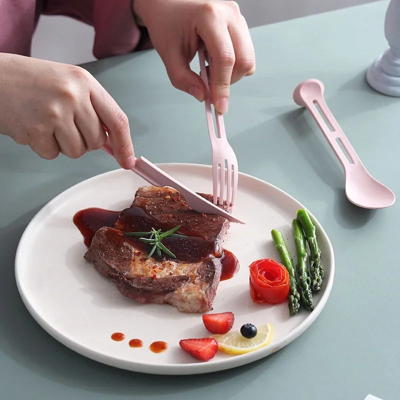 3Pcs Portable Tableware Set Wheat Straw Dinnerware Detachable Cutlery Travel Tableware Picnic Dinnerware Set Camping Cutlery Set