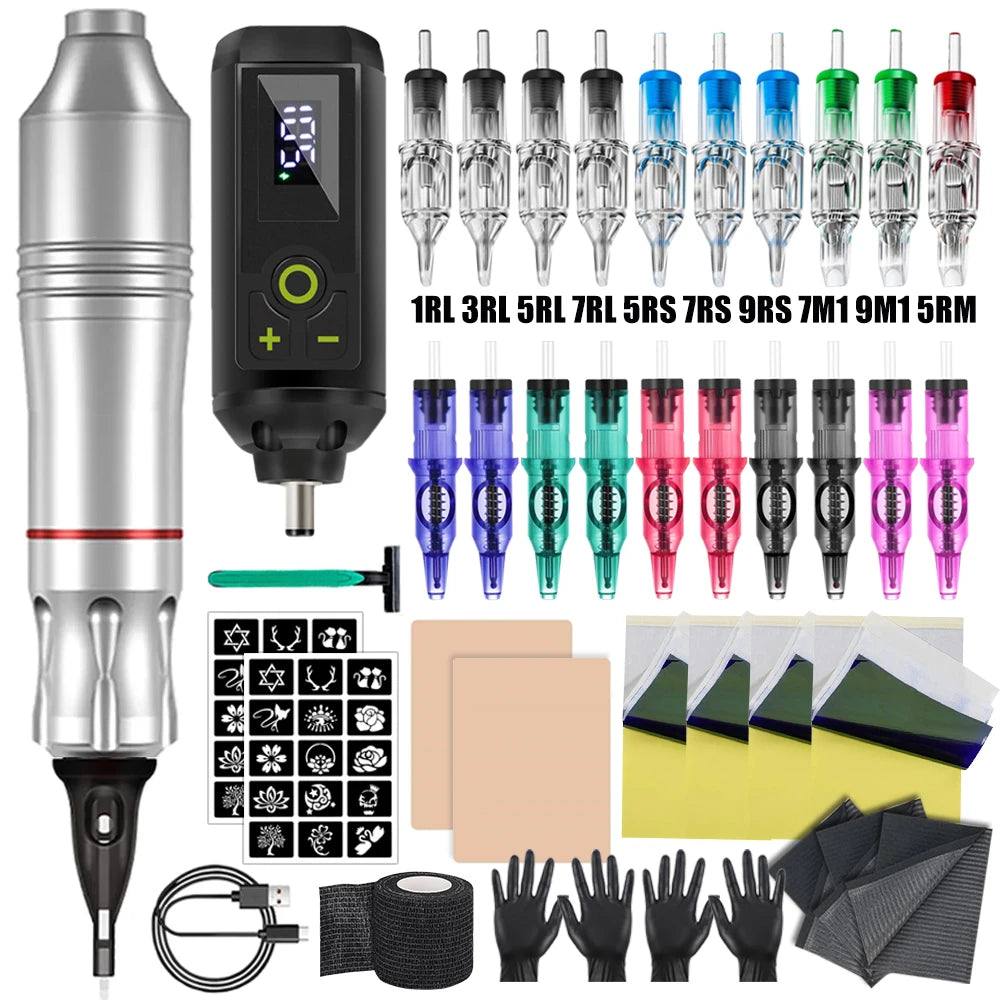 Ballpoint Tattoo Pen Machine Kit Rotary Tattoo Pen Set with Wireless Tattoo Transfer Stencil Printer Power Supply Needles