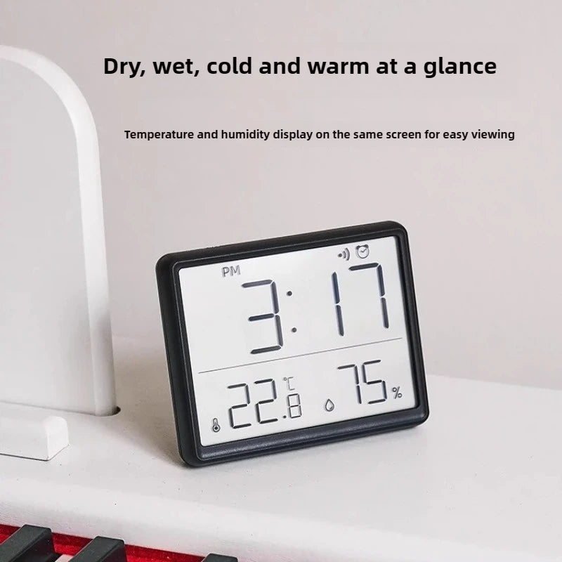 3-in-1 Smart Digital Clock - Temperature & Humidity Display + Alarm - Ultra-Thin Adhesive Mount for Wall or Tabletop Use
