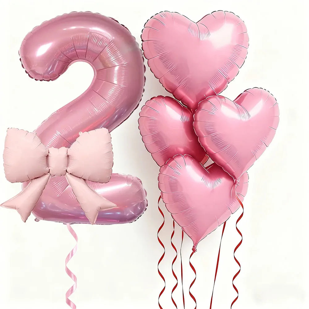 6pcs Pink Bow Heart Balloon with 32Inch Pink Number Foil Balloon for Birthday Party Wedding Engagements Anniversaries Decoration