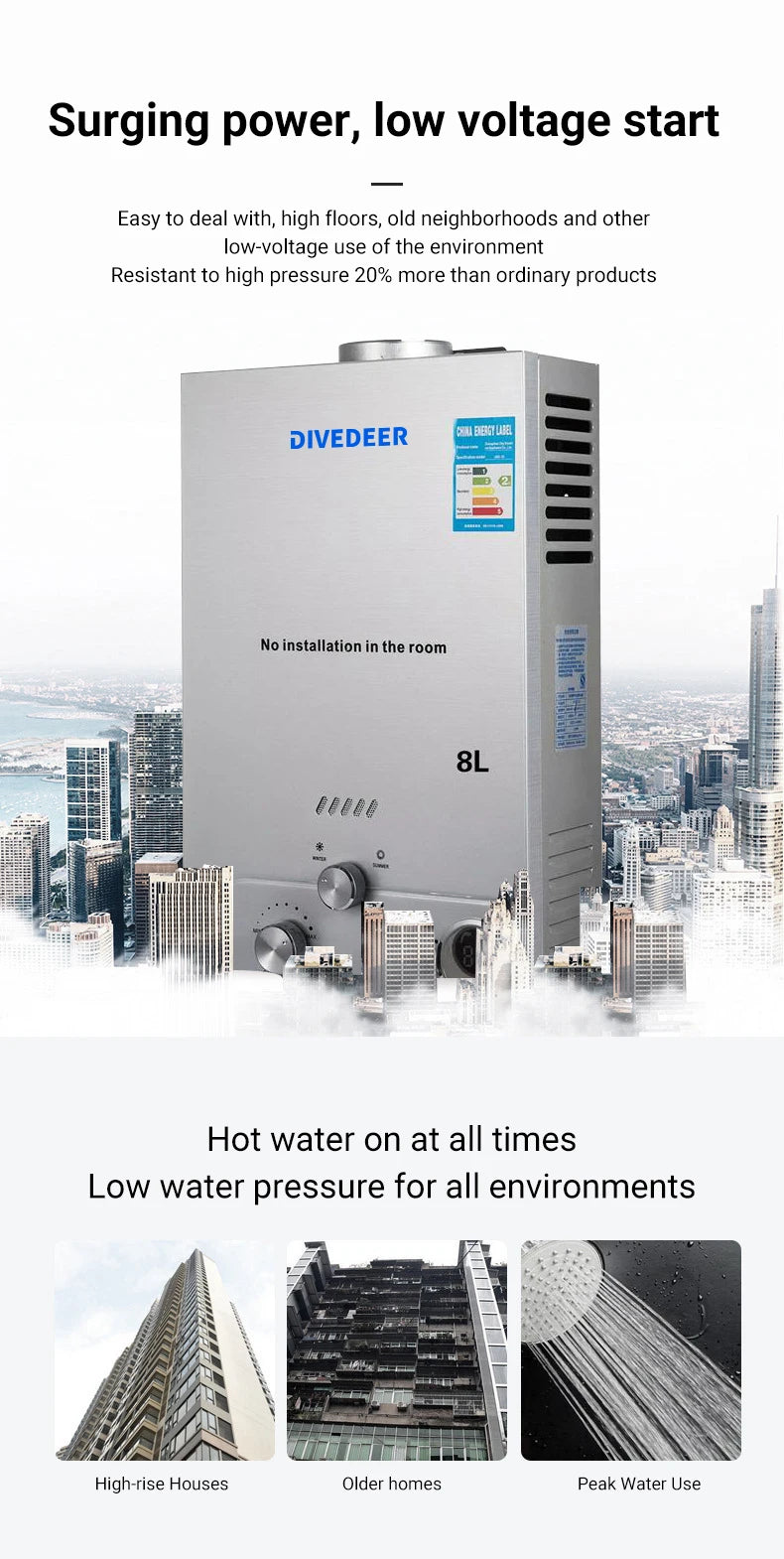 DIVEDEER Wall-mounted Water Heater 8L/12L/16L/18L LPG Water Heater Household Automatic Fast Gas Water Heater