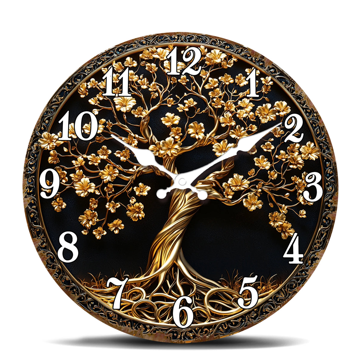 Golden Tree of Life with Intricate Details Wall Clock, Luxury Ornate Design Round Decorative Clock, Elegant Home Decor Timepiece