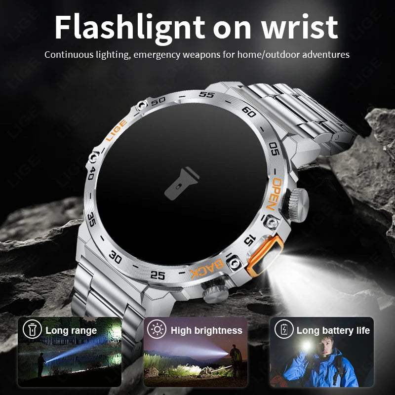 Stay active and connected with this men's smart watch featuring an HD screen, waterproof design, sports fitness tracking, and a handy flashlight—compatible with Android and iOS!