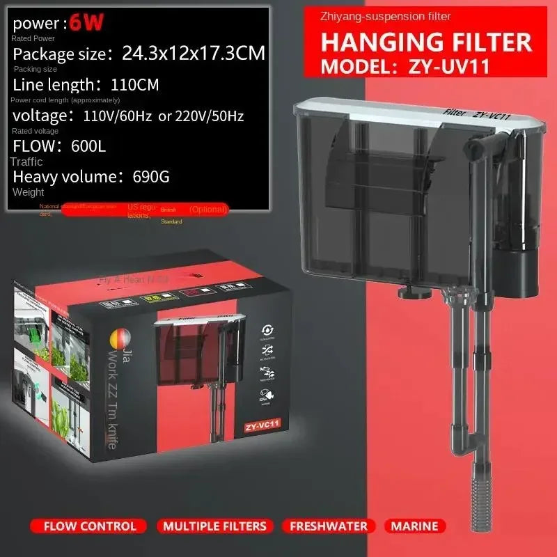 Aquarium Fish Tank Filter 110V 220V Wall Mounted Filter Pump Oil Removal Film External Grass Tank Filter Water Flow Adjustable