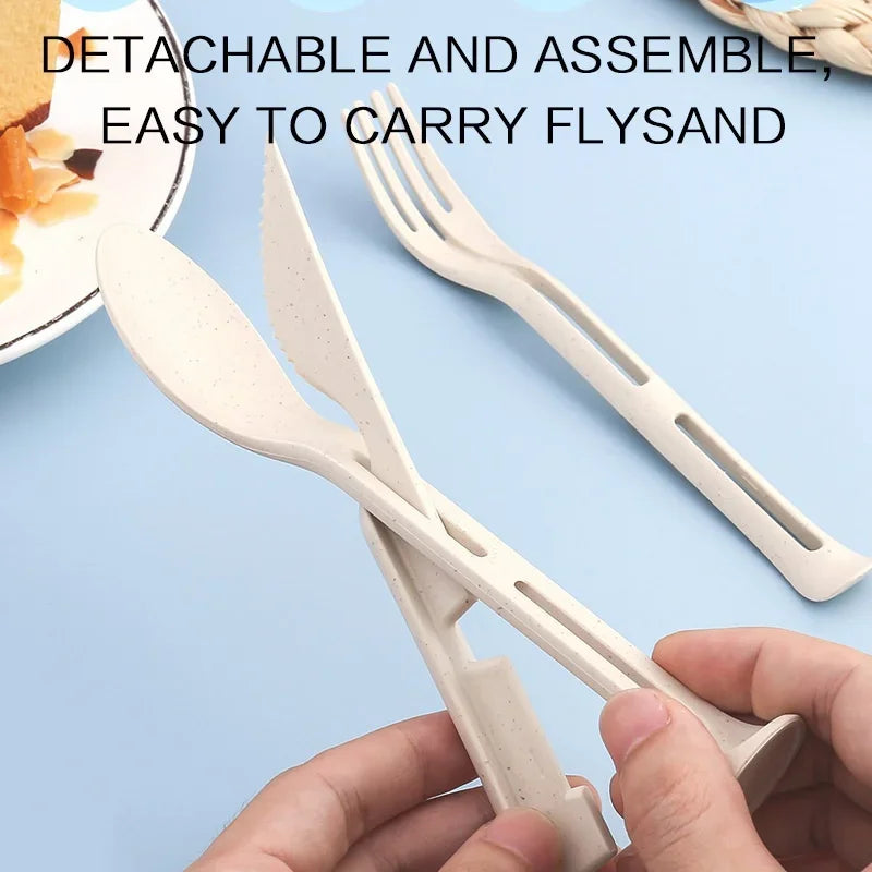 3Pcs Portable Tableware Set Wheat Straw Dinnerware Detachable Cutlery Travel Tableware Picnic Dinnerware Set Camping Cutlery Set
