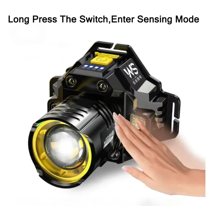 Powerful LED Headlamp Motion Sensor Headlight 18650 Rechargeable Head Flashlights High Power COB Head Lamp Fishing Headlight
