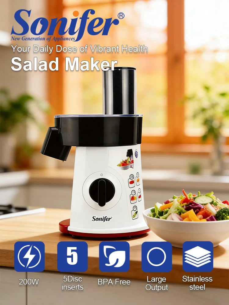 Sonifer SF-5505 5 in 1 Electric Salad Maker 200W Vegetable Slicer Shredder with 5 Stainless Steel Discs XL Feeding Tube 220V