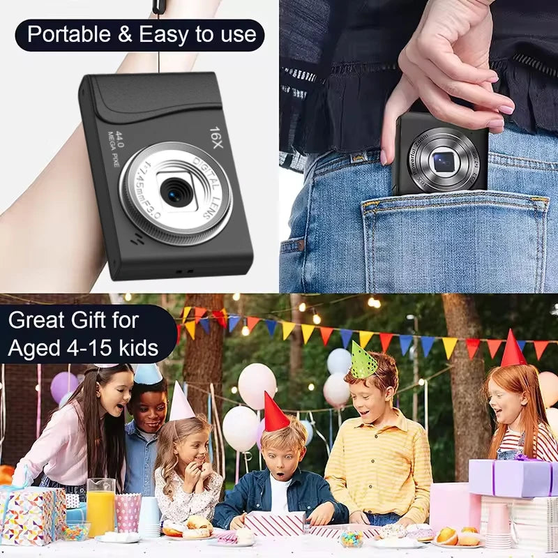 Portable camera with text 'Portable & Easy to use' and 'Great Gift for Aged 4-15 kids'.