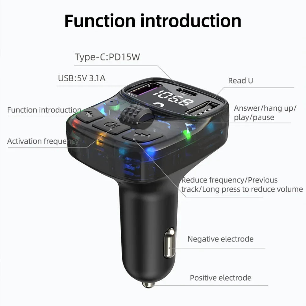 Bluetooth 5.3 FM Transmitter Car Charge Handsfree Charge Radio Modulator MP3 Player with PD15W Super Quick Charge Adapter