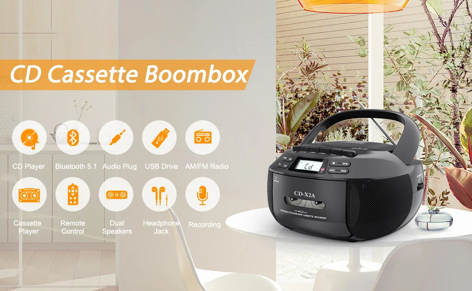 CD cassette player recorder with USB/MP3 and radios,portable cd tape boombox with remote control,AC DC power