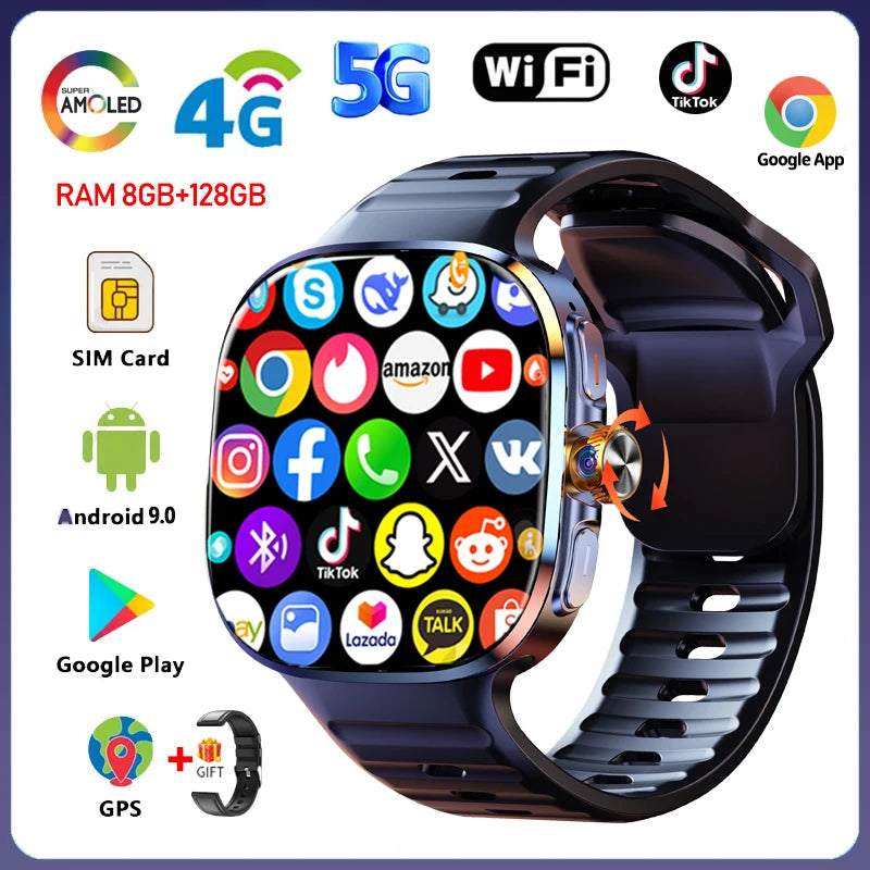 8GB+128GB RAM 4G/3G Smart Watch 2.40 inch AMOLED 2100mah Battery 900W Camera GPS WIFI Google APPS Download Smartwatch Android 10