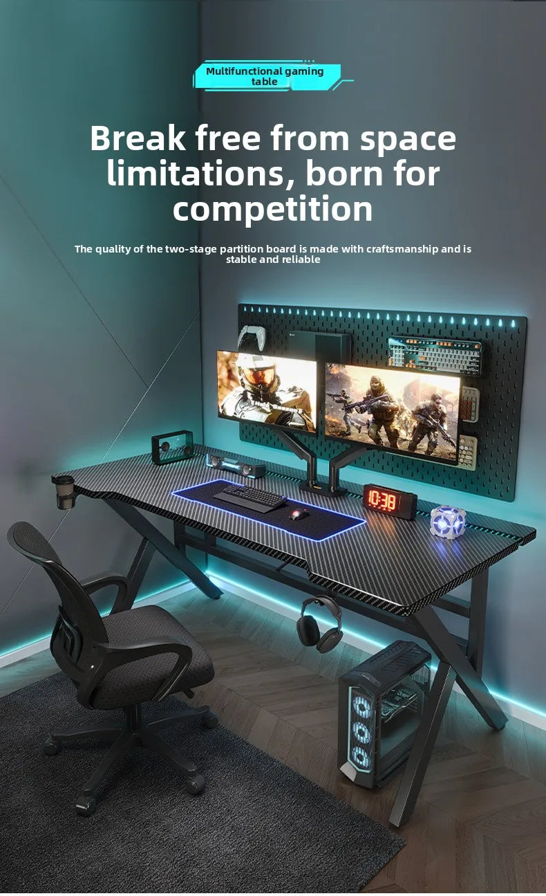 Two-Section Split Solid Wood Computer Gaming Desk  | Ergonomic Home Office Workstation Furniture in Carbon Fiber Style