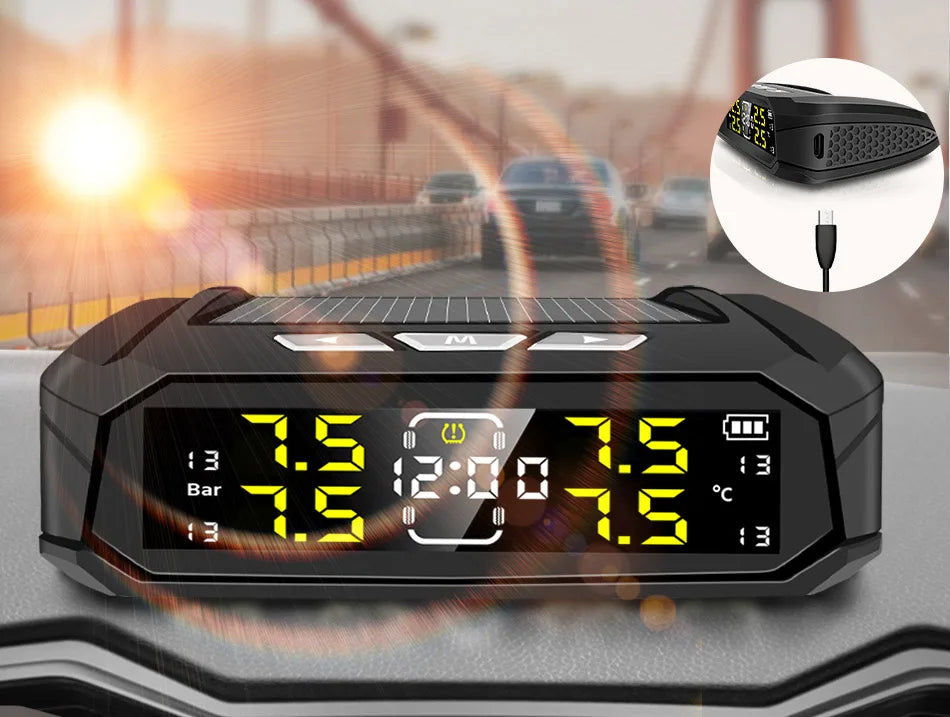 E-ACE Car TPMS Sensor 8 Bar Smart System For Car Truck With Car Electronic Clock Auto Intelligent System Solar Power LCD Display