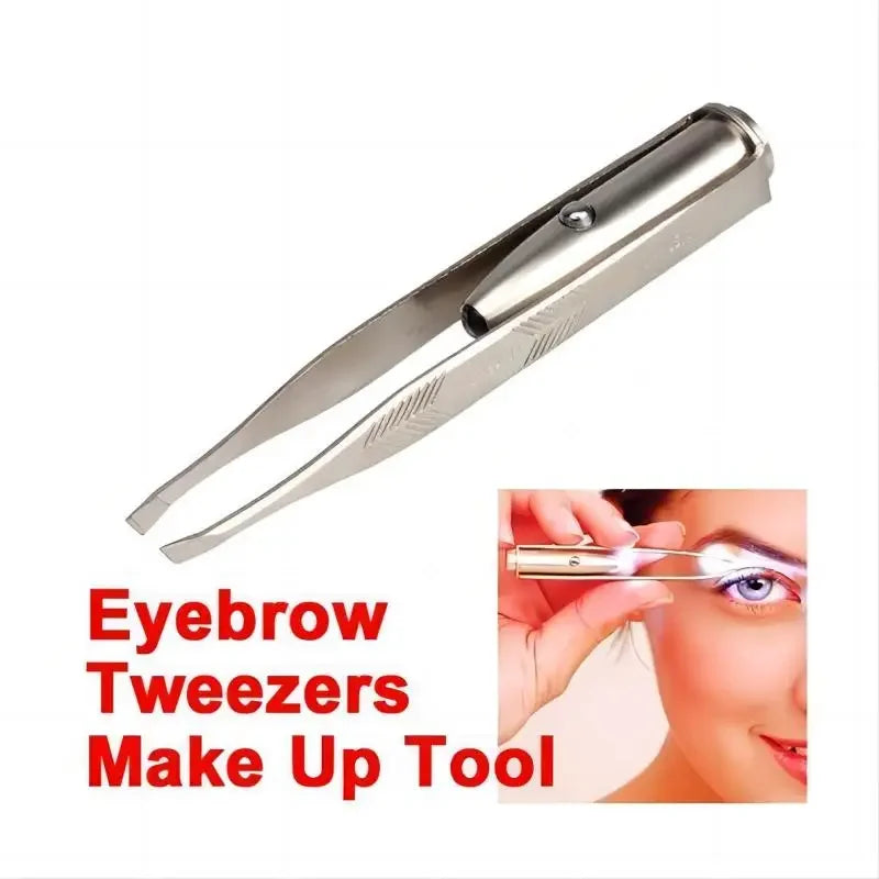 Precisely shape your brows anytime with this portable stainless steel eyebrow tweezer—smart design featuring built-in LED light for flawless makeup application!