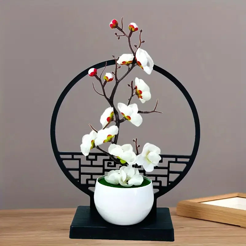 1set Chinese-Inspired Artificial Plum Blossom Bonsai with Screen Base - Versatile Tabletop Decor for Various Rooms, Ideal for