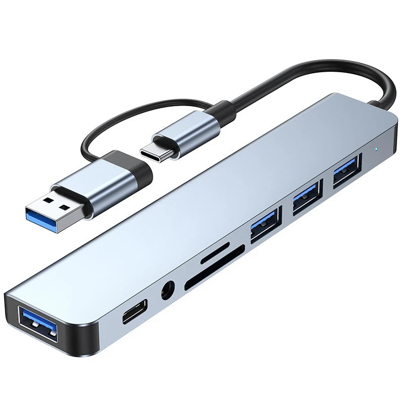 Expand your connectivity with this 8-in-2 USB + Type-C hub docking station—featuring multiple USB ports and a convenient card reader for seamless device access! Card Reader Laptop Tablet Phone Disk Converter