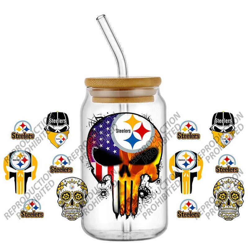 High Quality ‌3D Skull Sports Team Decal UV DTF Cup Wrap for 16oz Libbey Glasses Can DIY Mug Transfer Stickers