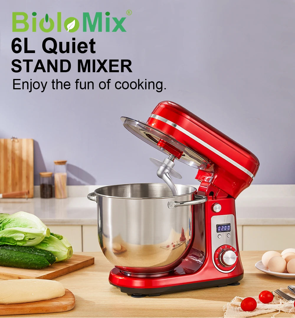 BioloMix 6L Kitchen Food Stand Mixer 1200W DC Quiet Motor Stainless Steel Bowl 6-speed Cream Egg Whisk Whip Dough Kneader