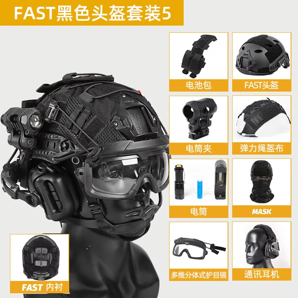 Helmet Set with Night Vision Model Sound Pickup Noise Reduction Military Headphones Tactical Flashlight Goggles Split Mask